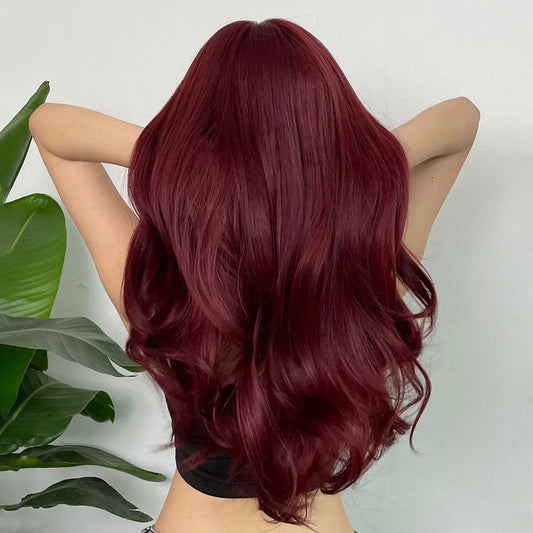 Wine Red Synthetic Wig – Long Curly Big Waves with Bangs, Heat Resistant
