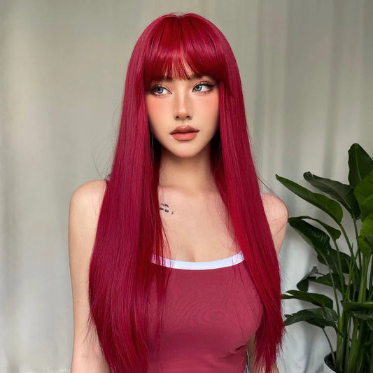 Light Wine Red Synthetic Wig with Bangs – Long Straight, Heat Resistant