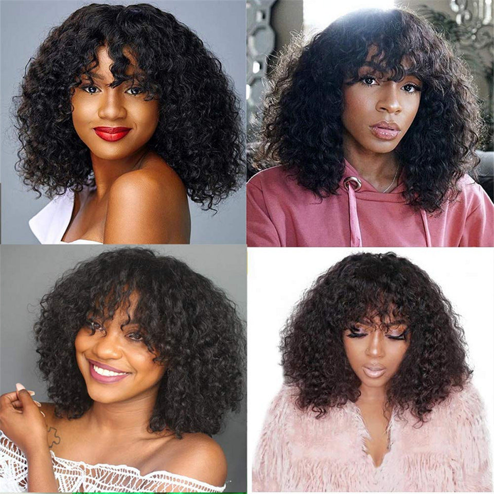 Kinky Curly Human Hair Wig With Bangs
