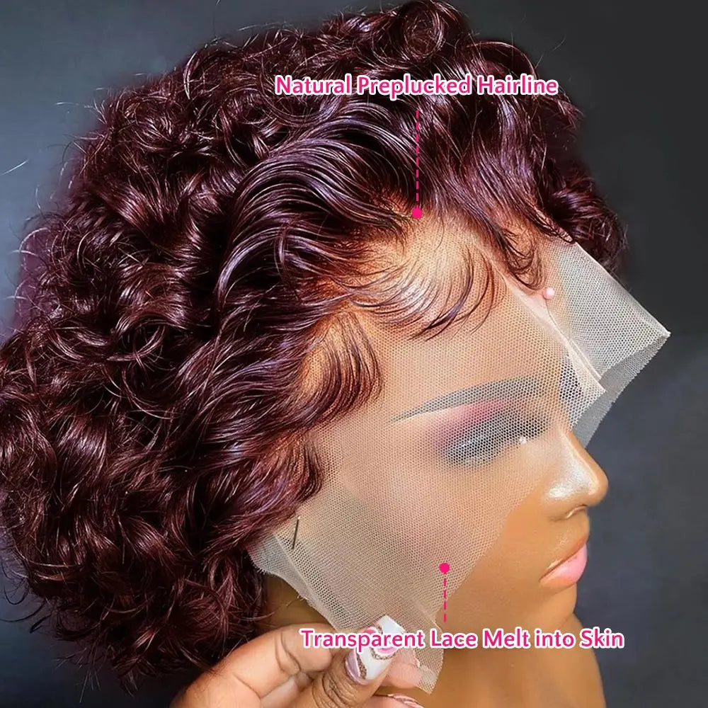 Pre-Plucked Bob Wig – 99J Burgundy Highlight Curly Pixie, Honey Colored Lace Bob Wig