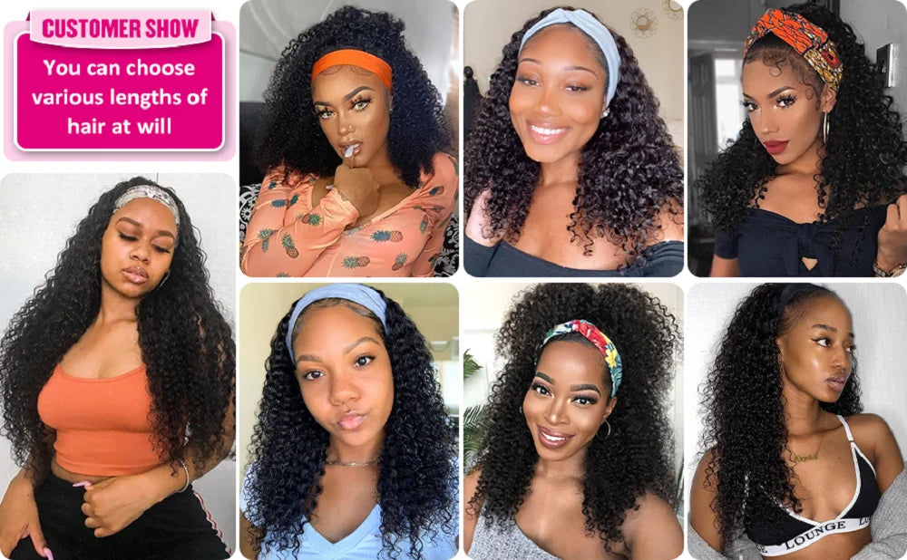 None Lace Front Kinky Curly Headband Wigs - human hair