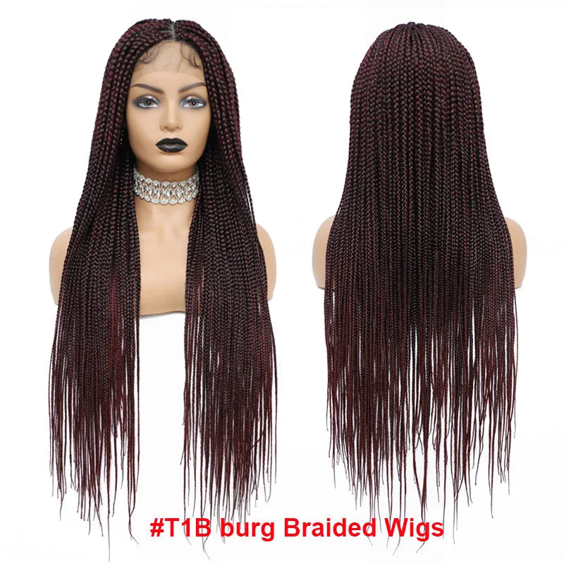 36" Synthetic Long Box Braided Wig – Full Lace Burgundy Knotless Cornrow