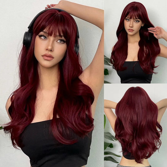 Wine Red Synthetic Wig – Long Curly Big Waves with Bangs, Heat Resistant
