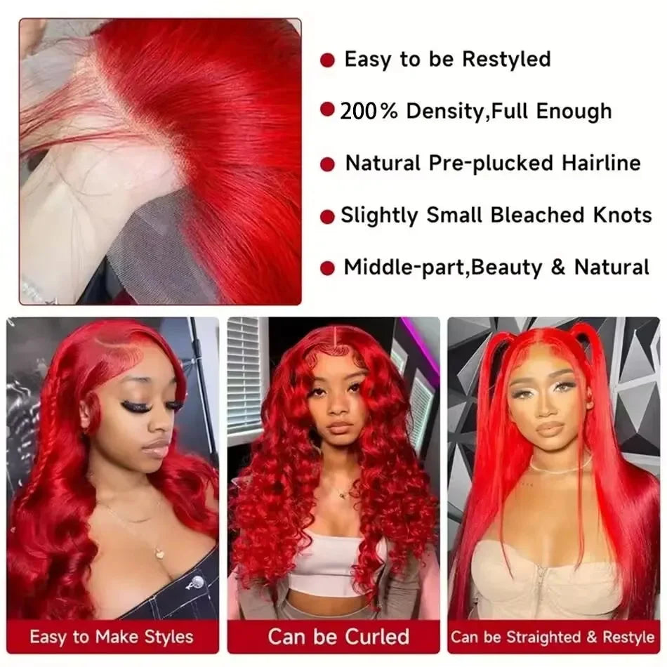 Hot Red Brazilian Red Colored Body Wave Hd Lace Frontal Human Hair Wig
