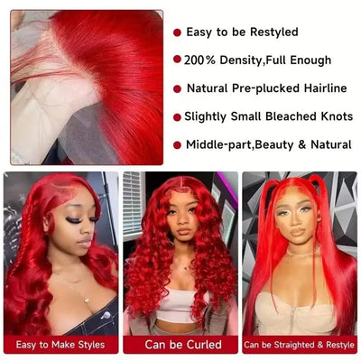 Hot Red Brazilian Red Colored Body Wave Hd Lace Frontal Human Hair Wig