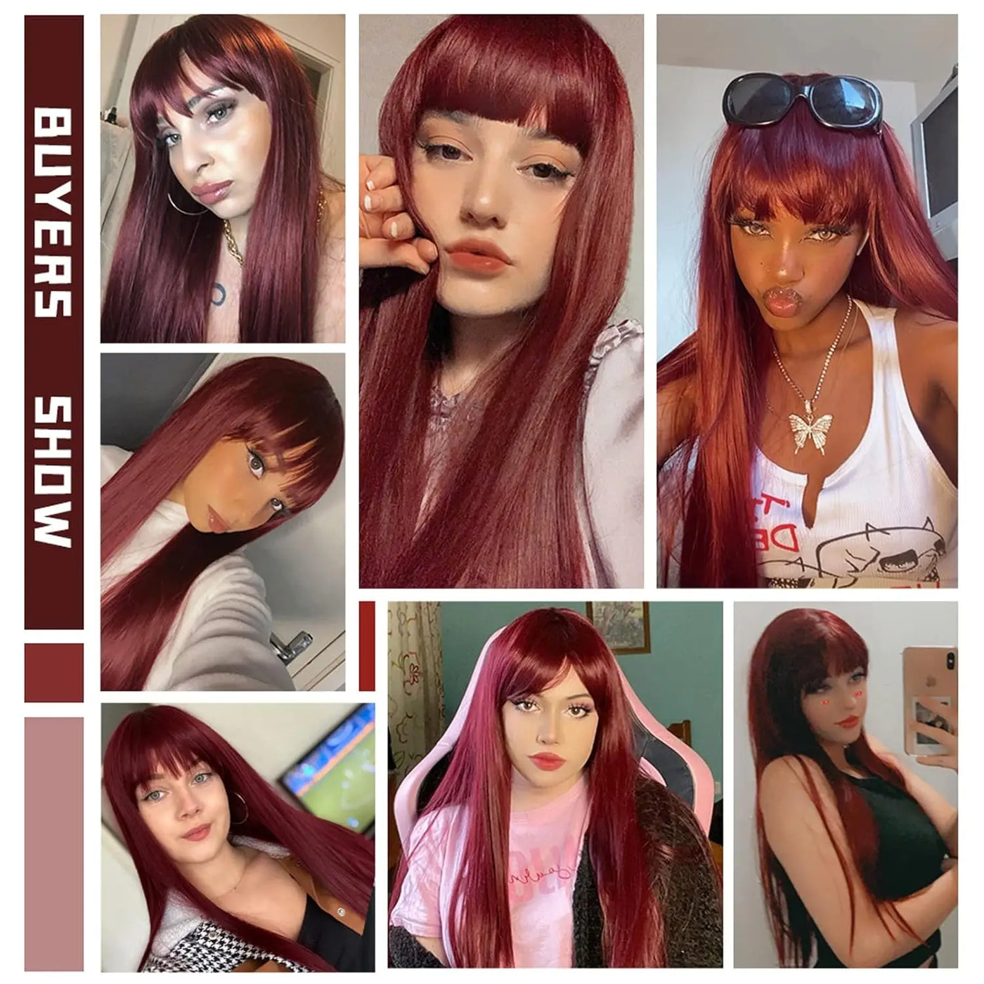Light Wine Red Synthetic Wig with Bangs – Long Straight, Heat Resistant