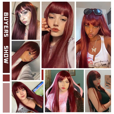 Light Wine Red Synthetic Wig with Bangs – Long Straight, Heat Resistant