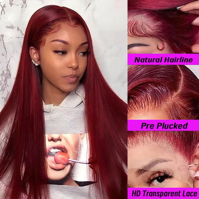 99j Burgundy Straight Pre-Plucked Glueless13x4 13x6 Lace Front Human Hair Wig