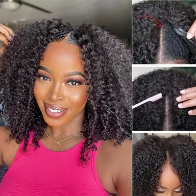 Glueless Kinky Curly V Part Wig - Brazilian Remy Human Hair