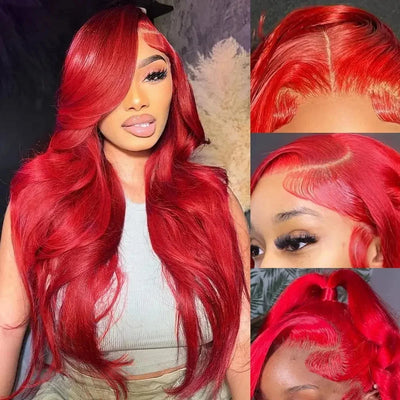 Hot Red Brazilian Red Colored Body Wave Hd Lace Frontal Human Hair Wig