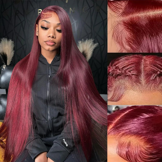 99j Burgundy Straight Pre-Plucked Glueless13x4 13x6 Lace Front Human Hair Wig