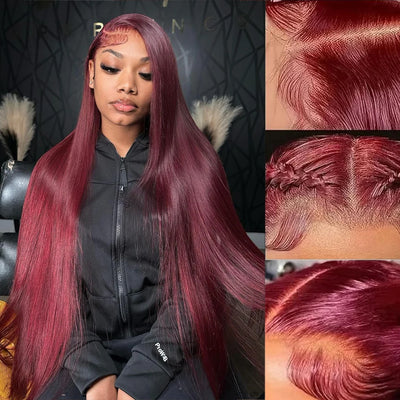 99j Burgundy Straight Pre-Plucked Glueless13x4 13x6 Lace Front Human Hair Wig