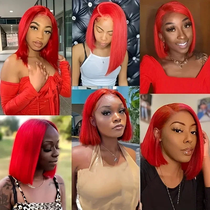  Red Straight Short Bob Wig  Lace Front Human Hair Wig