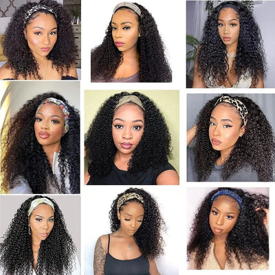 None Lace Front Kinky Curly Headband Wigs - human hair
