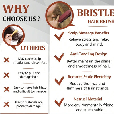 Anti-Frizz Scalp Massage Hairbrush – Premium Bristle with Wooden Handle