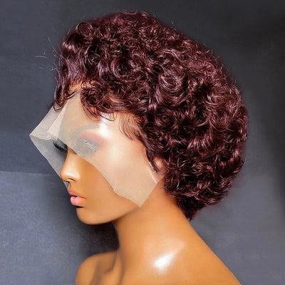 Pre-Plucked Bob Wig – 99J Burgundy Highlight Curly Pixie, Honey Colored Lace Bob Wig