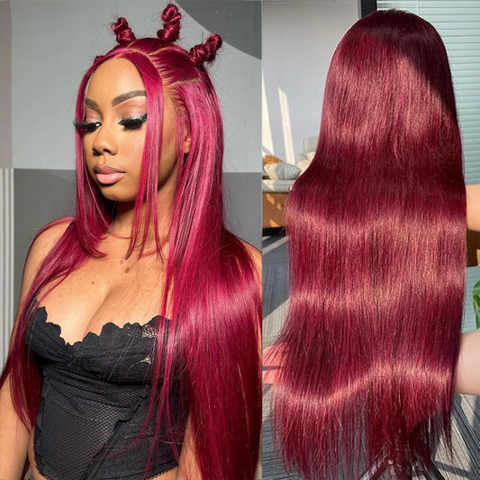 99j Burgundy Straight Pre-Plucked Glueless13x4 13x6 Lace Front Human Hair Wig