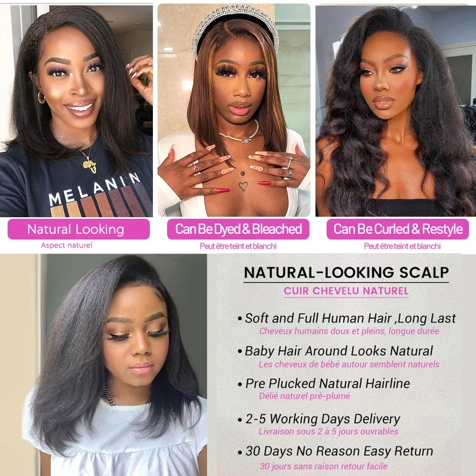 Kinky Straight Glueless Human Hair  Bob Wigs