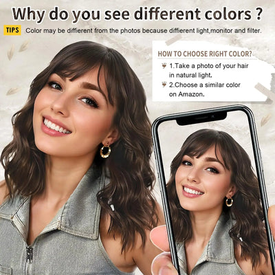 Wavy Synthetic Bob Wig with Bangs – Natural Brown Curly Wig for Women