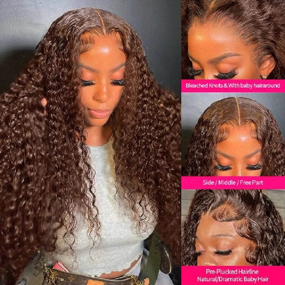 Brazilian Deep Wave -Chocolate Brown Curly Lace Front Human Hair Water Wave Wig