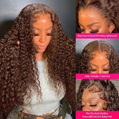 Brazilian Deep Wave -Chocolate Brown Curly Lace Front Human Hair Water Wave Wig