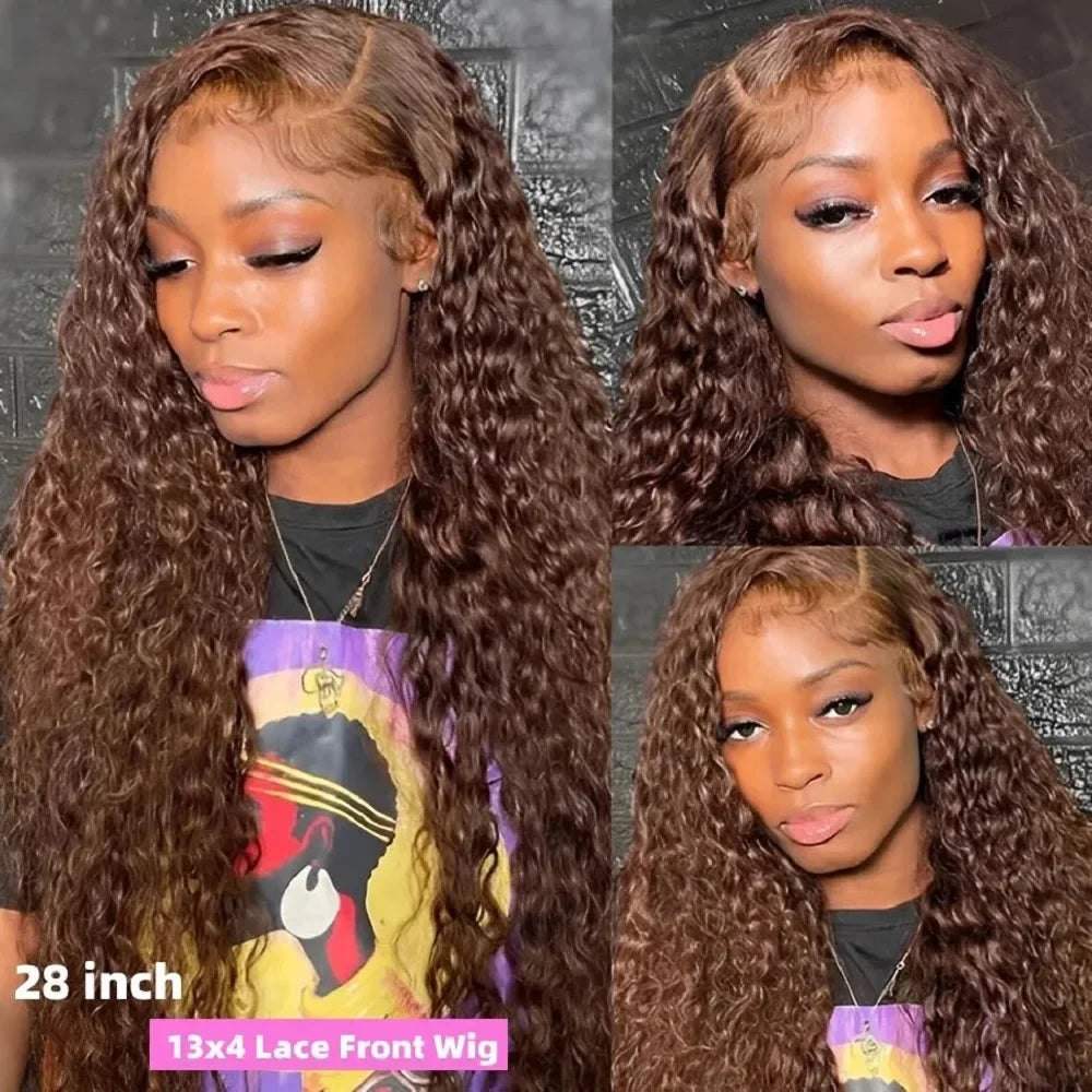 Brazilian Deep Wave -Chocolate Brown Curly Lace Front Human Hair Water Wave Wig