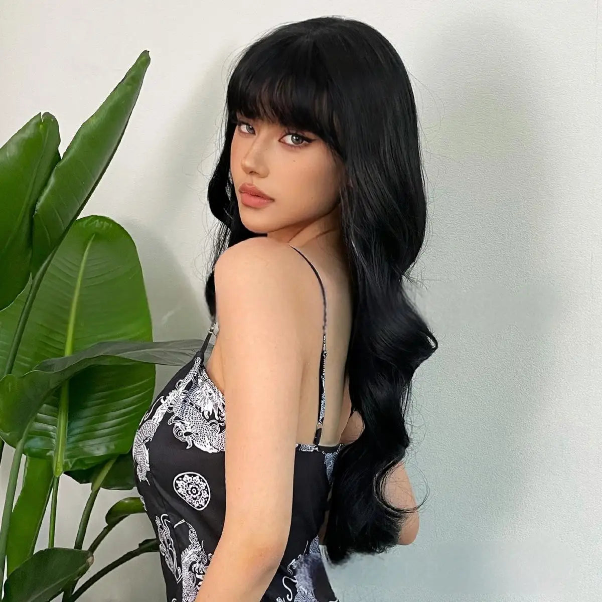 Wine Red Synthetic Wig – Long Curly Big Waves with Bangs, Heat Resistant