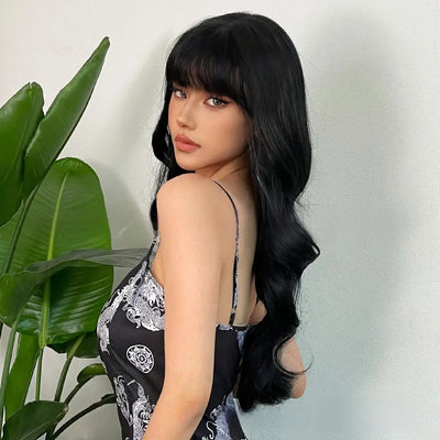 Wine Red Synthetic Wig – Long Curly Big Waves with Bangs, Heat Resistant