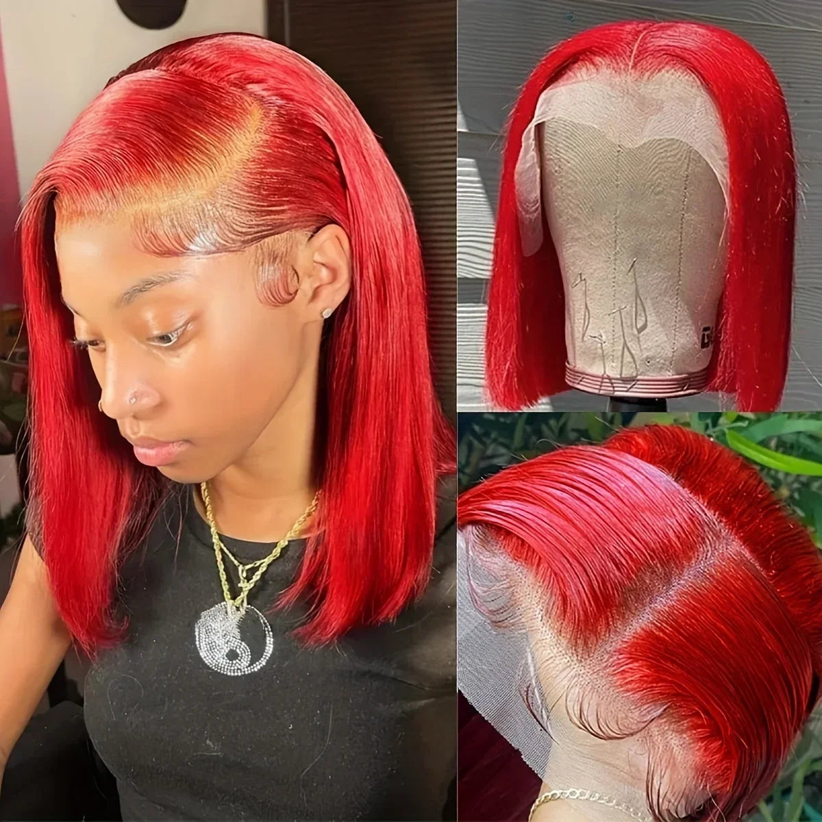  Red Straight Short Bob Wig  Lace Front Human Hair Wig