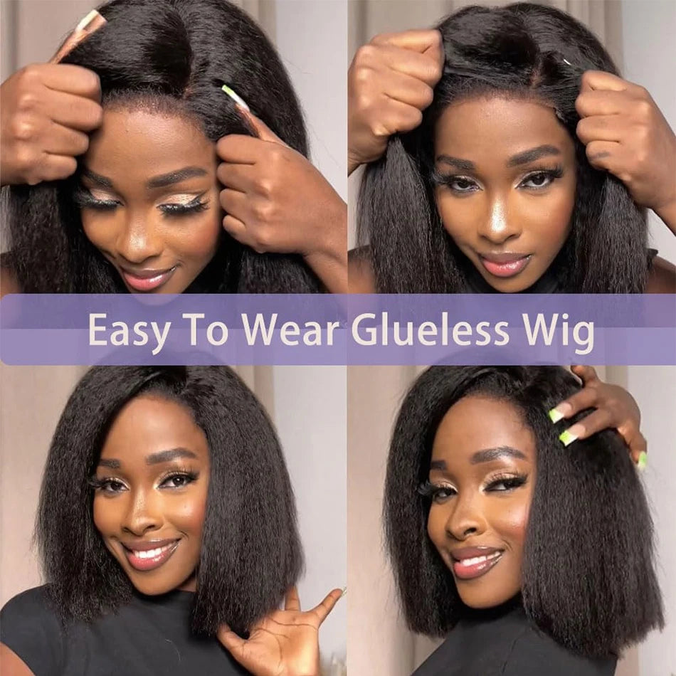 Kinky Straight Glueless Human Hair  Bob Wigs