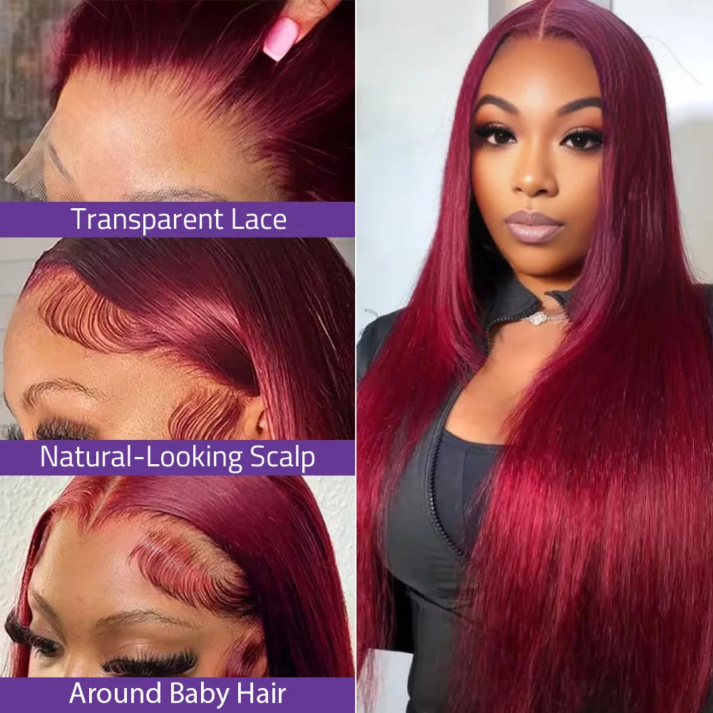 30” Burgundy Bone Straight Wig – 99J Colored 13x4 Lace Front Human Hair