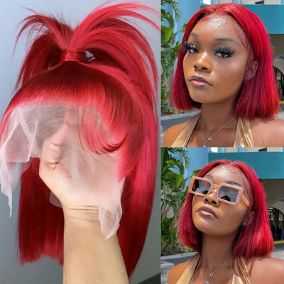 ﻿ Red Straight Short Bob Wig  Lace Front Human Hair Wig
