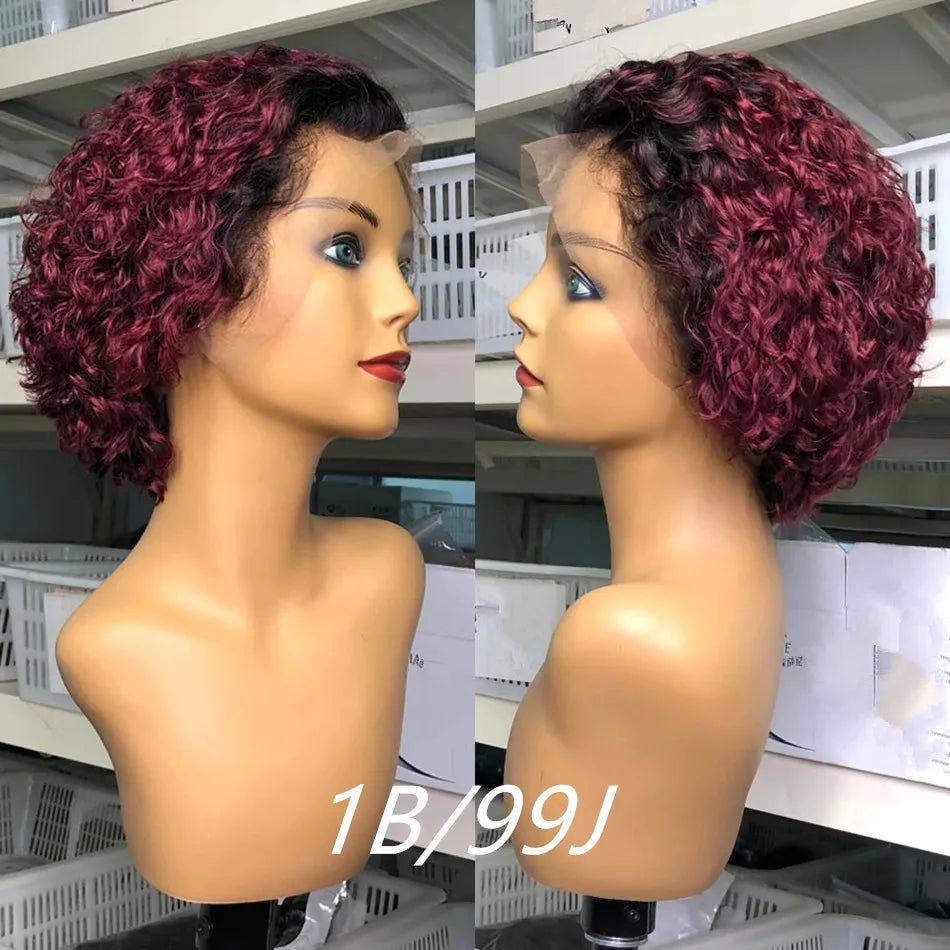 Pre-Plucked Bob Wig – 99J Burgundy Highlight Curly Pixie, Honey Colored Lace Bob Wig