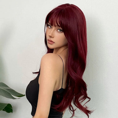 Wine Red Synthetic Wig – Long Curly Big Waves with Bangs, Heat Resistant