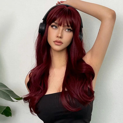 Wine Red Synthetic Wig – Long Curly Big Waves with Bangs, Heat Resistant