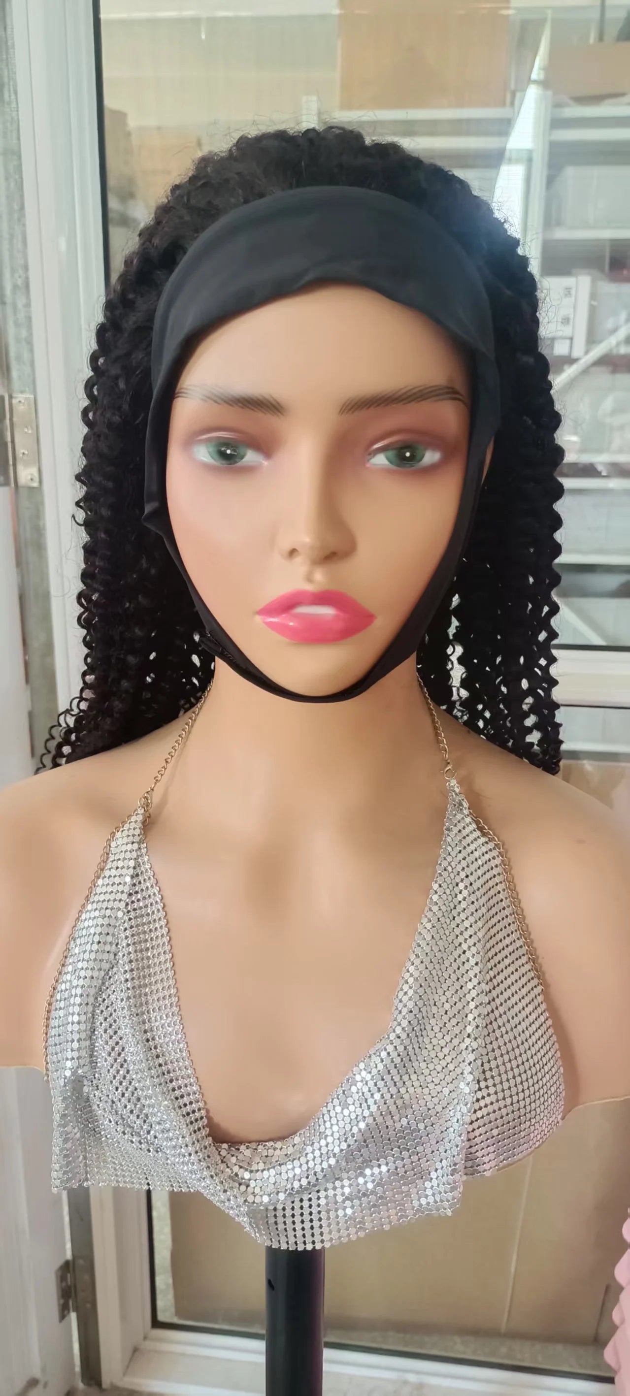 None Lace Front Kinky Curly Headband Wigs - human hair