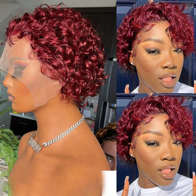 Pre-Plucked Bob Wig – 99J Burgundy Highlight Curly Pixie, Honey Colored Lace Bob Wig