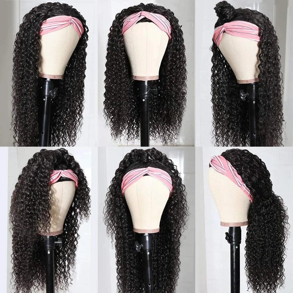 None Lace Front Kinky Curly Headband Wigs - human hair
