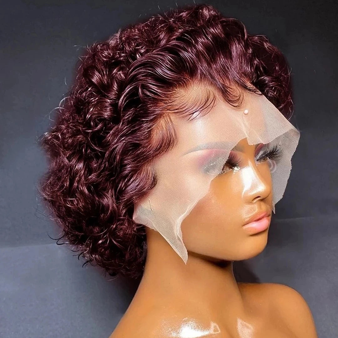 Pre-Plucked Bob Wig – 99J Burgundy Highlight Curly Pixie, Honey Colored Lace Bob Wig