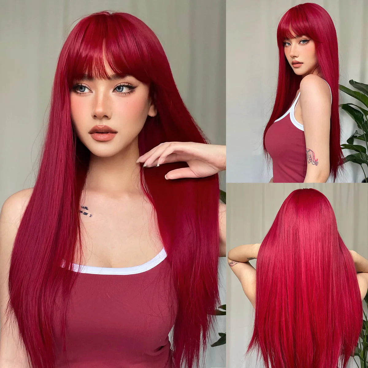Light Wine Red Synthetic Wig with Bangs – Long Straight, Heat Resistant