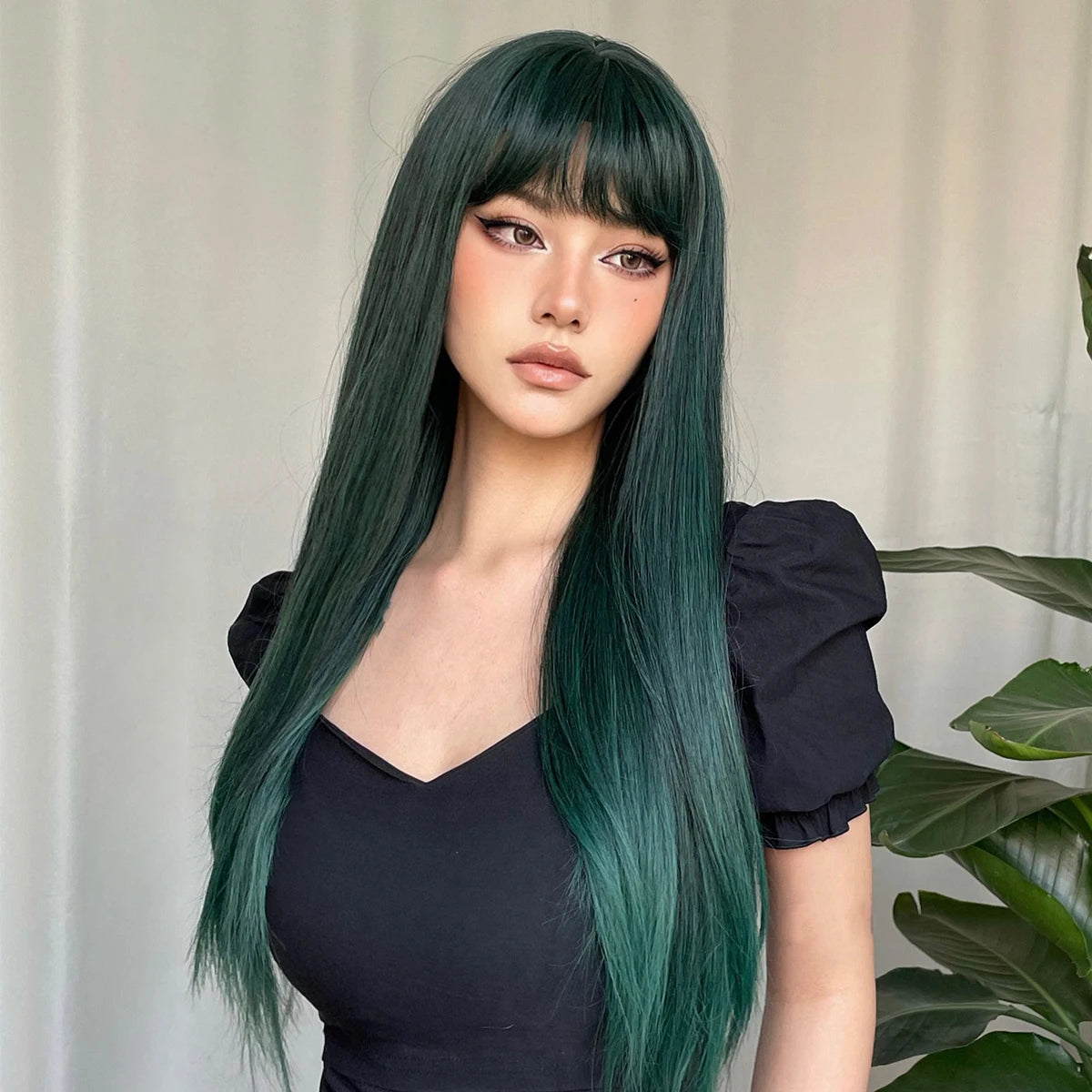 Light Wine Red Synthetic Wig with Bangs – Long Straight, Heat Resistant