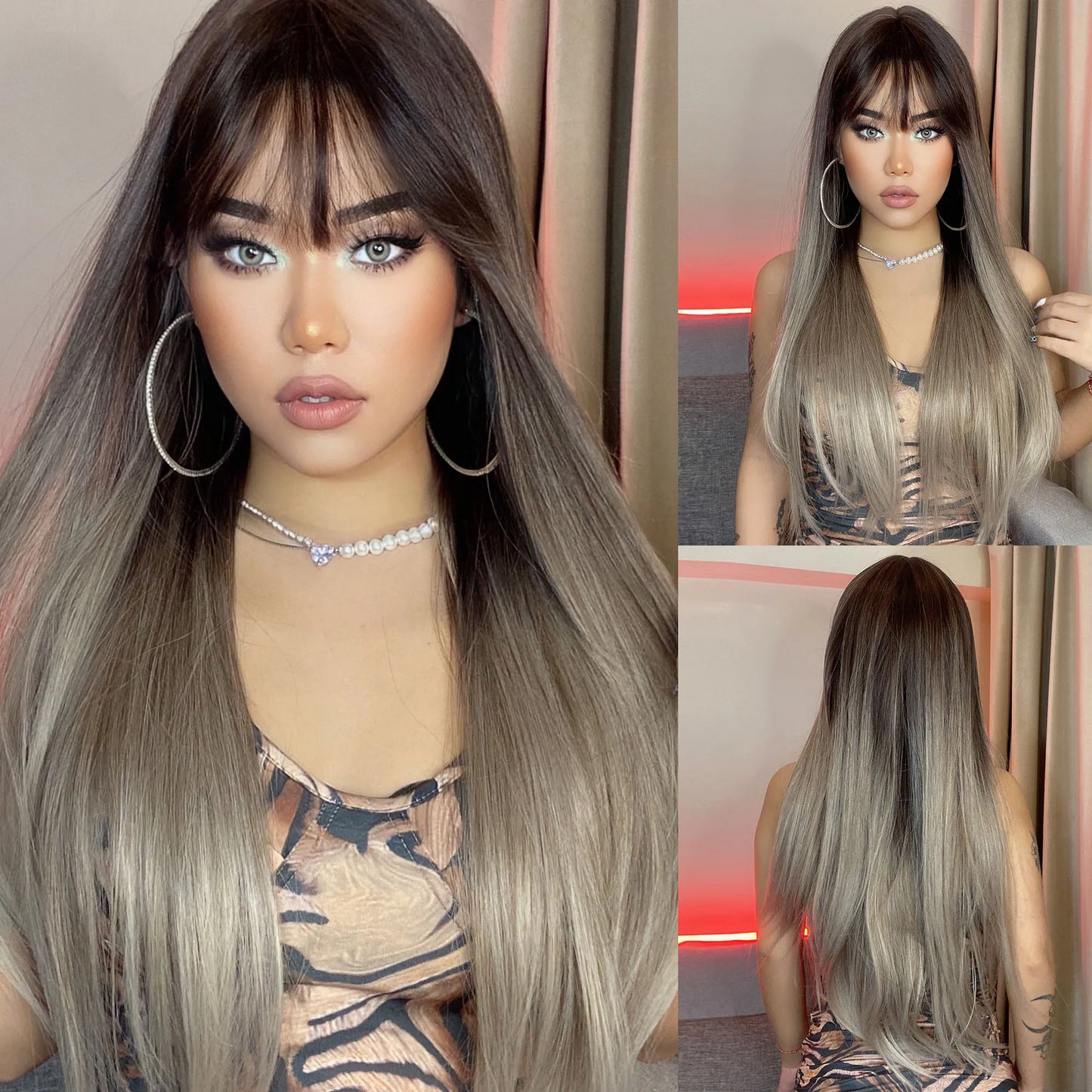 Light Wine Red Synthetic Wig with Bangs – Long Straight, Heat Resistant