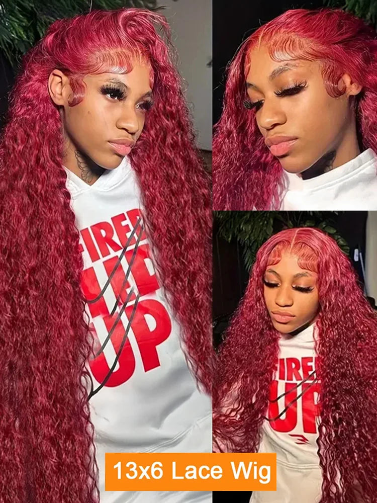 Burgundy Deep Wave Wig – 13x4/13x6 HD Lace Front, 100% Human Hair