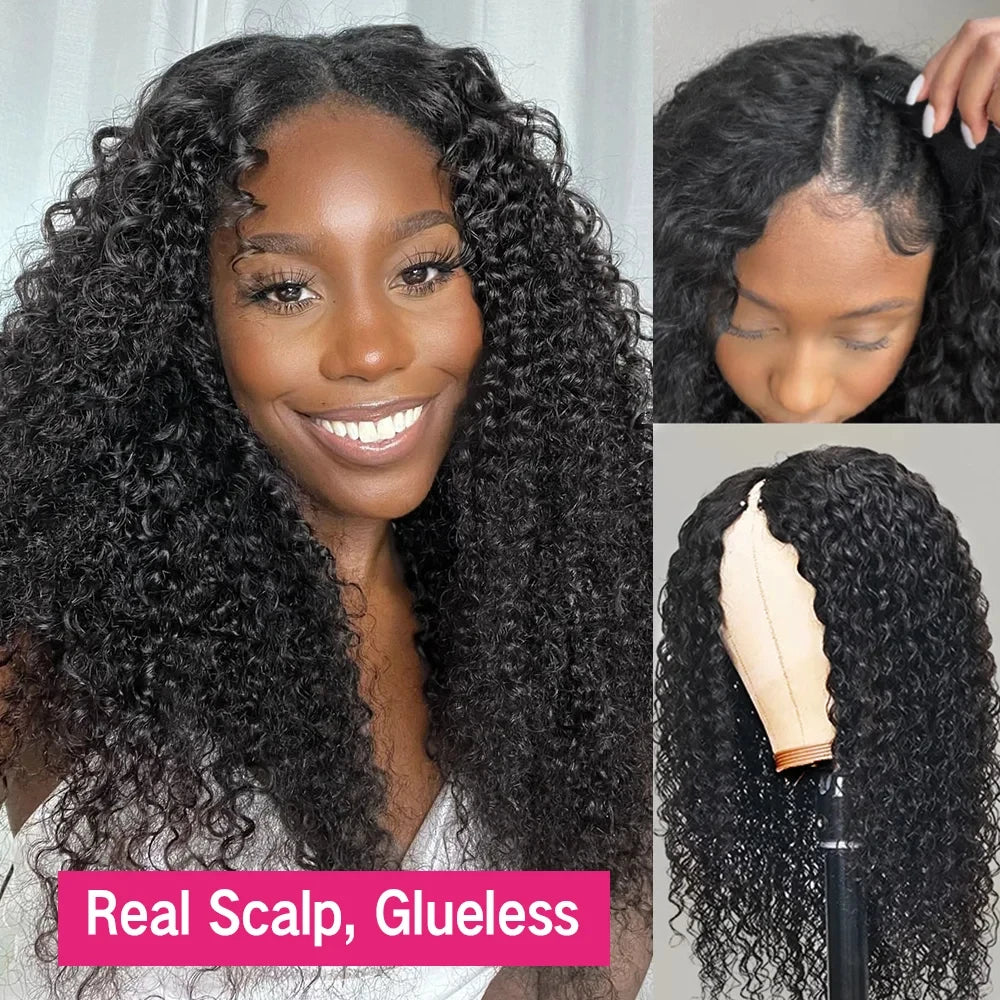 Glueless Kinky Curly V Part Wig - Brazilian Remy Human Hair
