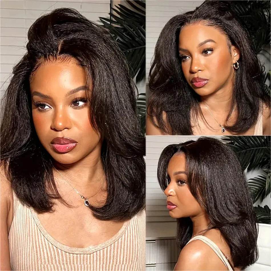 Kinky Straight Glueless Human Hair  Bob Wigs