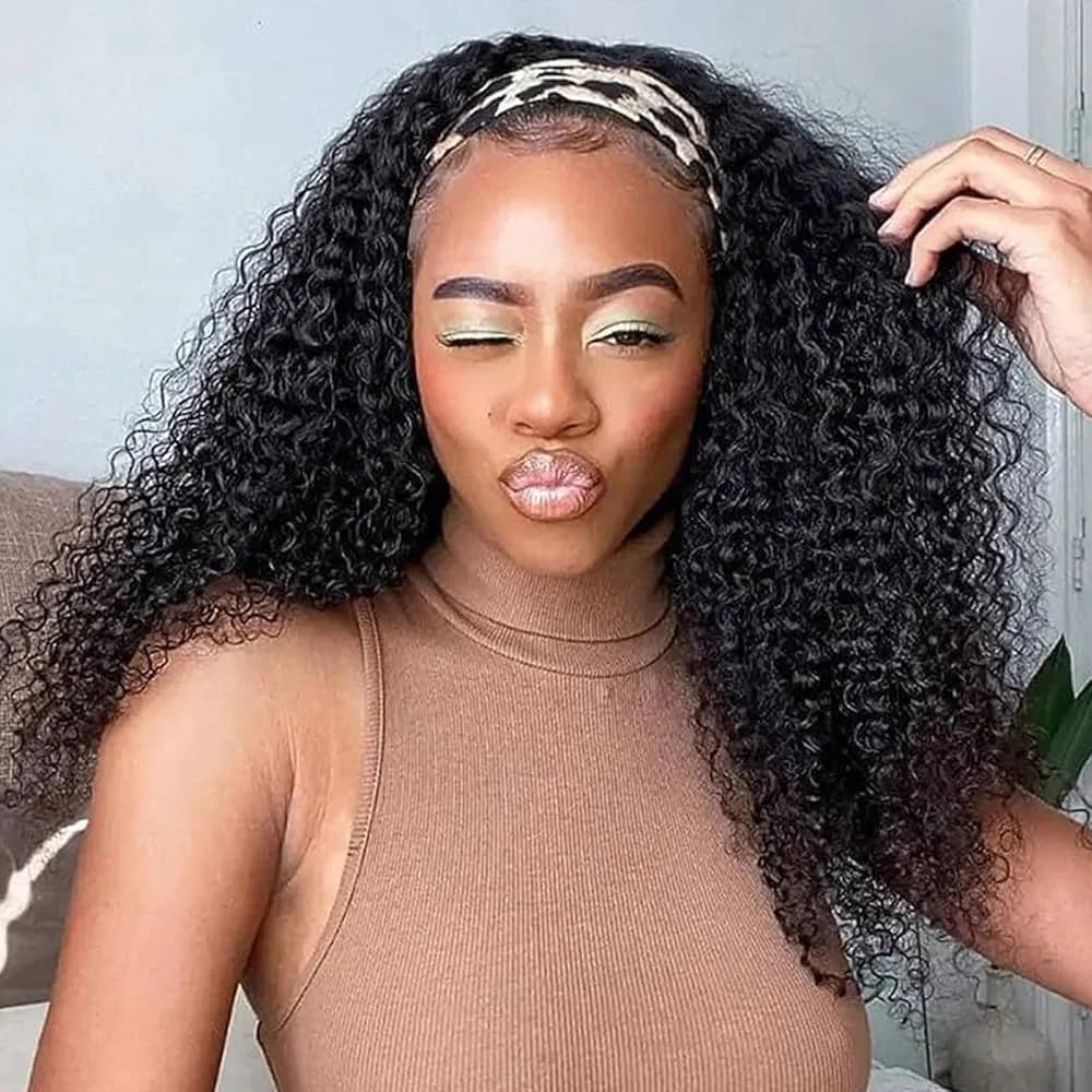 None Lace Front Kinky Curly Headband Wigs - human hair