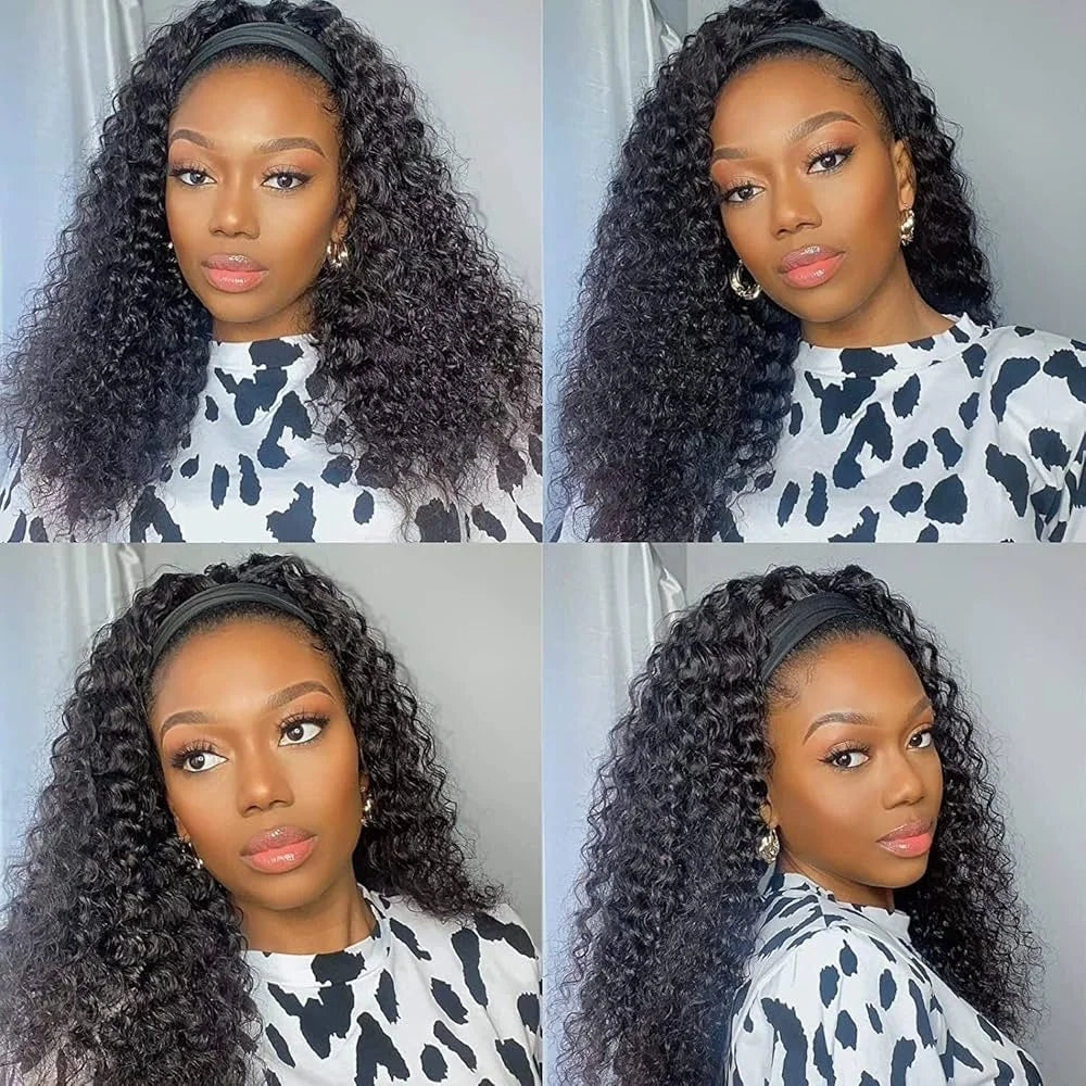 None Lace Front Kinky Curly Headband Wigs - human hair