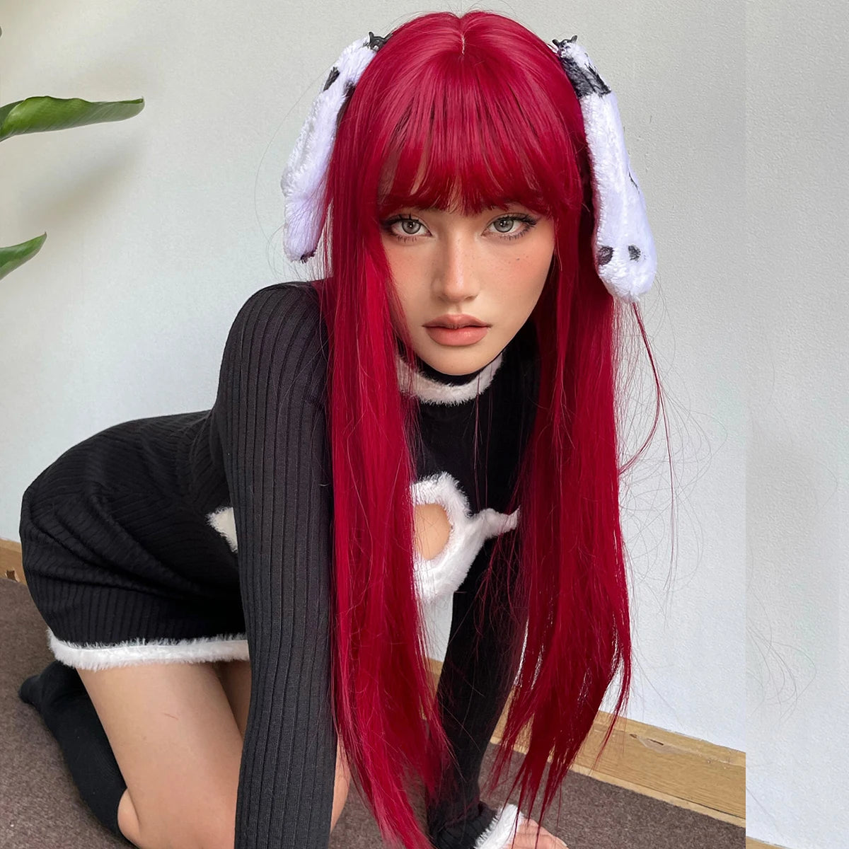 Light Wine Red Synthetic Wig with Bangs – Long Straight, Heat Resistant