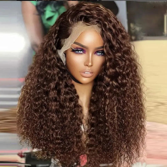 Brazilian Deep Wave -Chocolate Brown Curly Lace Front Human Hair Water Wave Wig