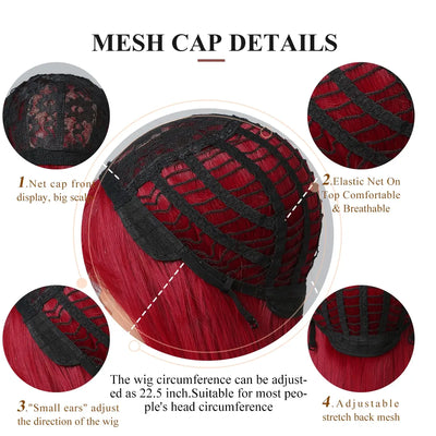 Light Wine Red Synthetic Wig with Bangs – Long Straight, Heat Resistant